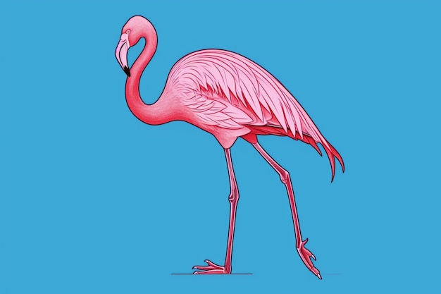 Een roze flamingo staat op een blauwe achtergrond.