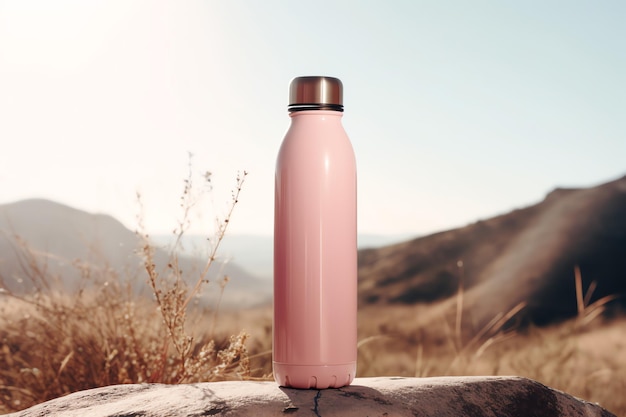 Een roze fles water zit op een rots in de bergen.