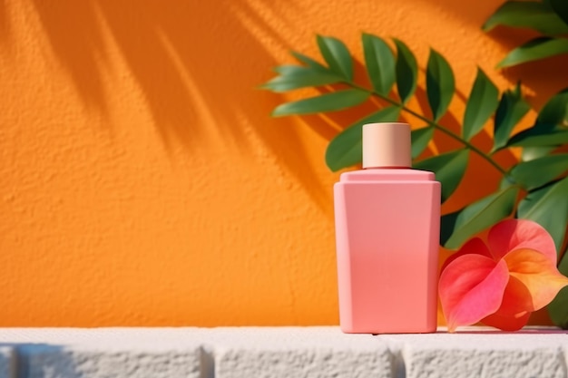 Een roze flesje parfum met een roze dop staat op een wit oppervlak tegen een oranje muur.