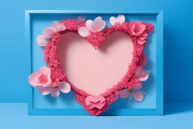 Een roze frame met bloemen en een hartmodel met een hemelsblauwe achtergrond gegenereerd door Ai