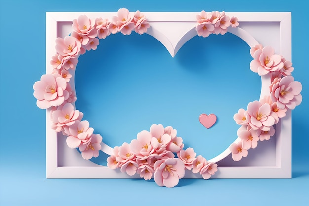 Een roze frame met bloemen en een hartmodel met een hemelsblauwe achtergrond gegenereerd door Ai