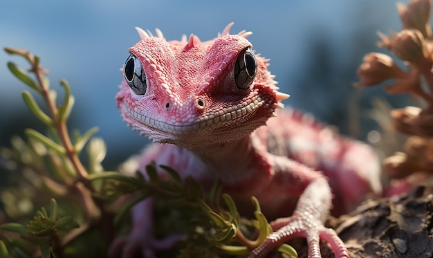 een roze gekko met een witte vlek op zijn hoofd