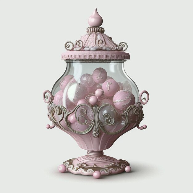 Een roze glazen pot met daarin roze bolletjes.