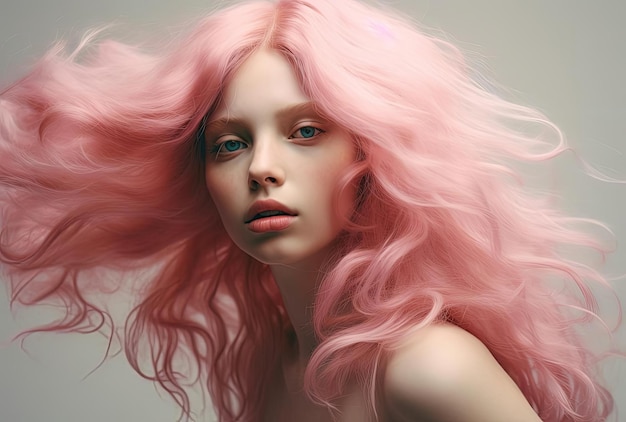 een roze haar meisje met lang haar en haar gezicht open in de stijl van fotorealistisch surrealisme
