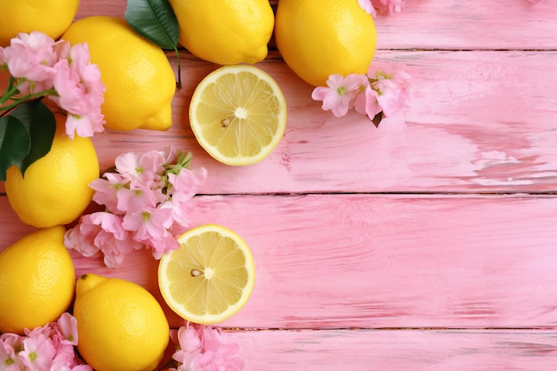 Een roze houten achtergrond met citroenen en bloemen
