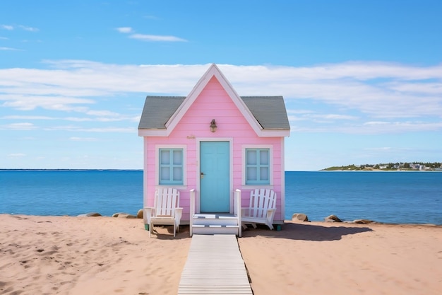 Een roze huis aan het strand met een blauwe deur Generatieve AI