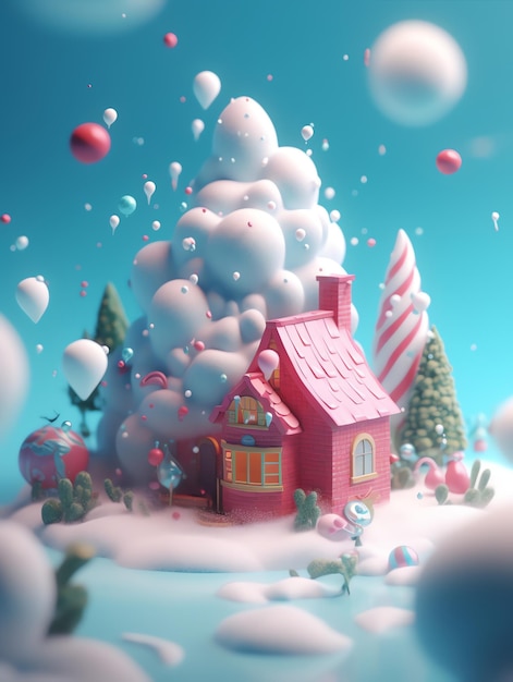 Een roze huis in een besneeuwd tafereel met een kerstboom op de achtergrond