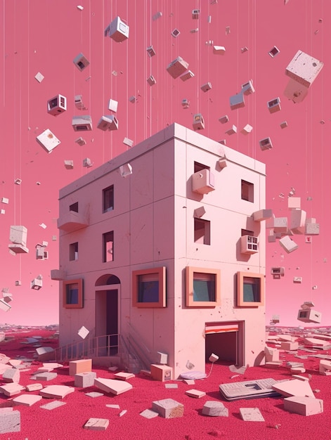 Een roze huis met dozen die in de lucht vliegen