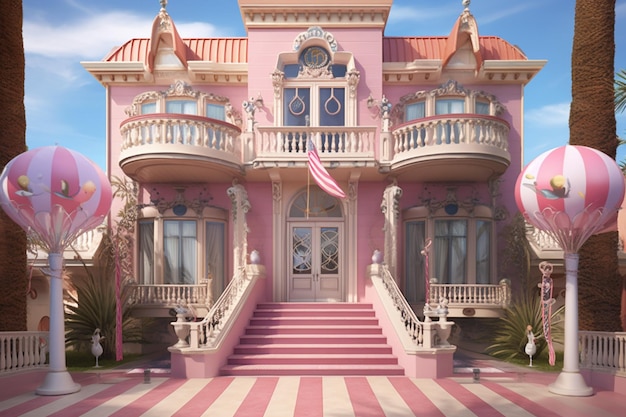 Een roze huis met een balkon en een balkon met een roze vlag erop.