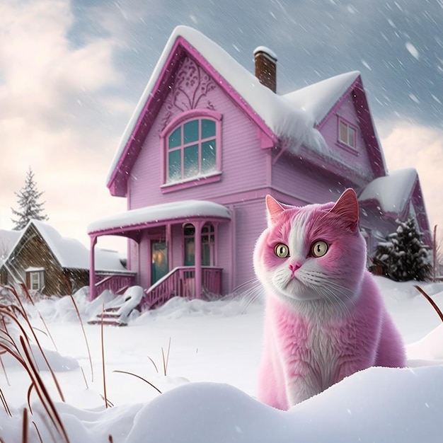 Een roze huis met een kat in de sneeuw