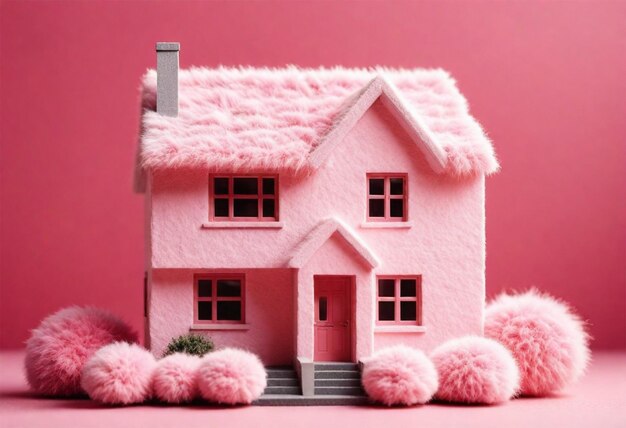 Foto een roze huis met een roze dak en een roze huis op de bodem