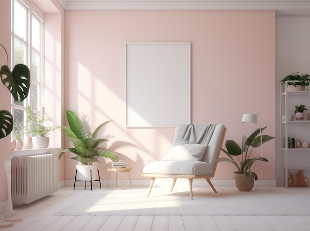 Een roze kamer met een bank en een plant erin
