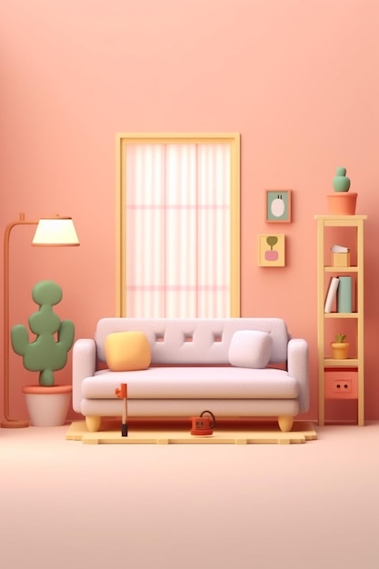 Een roze kamer met een bank en een plant op de plank.