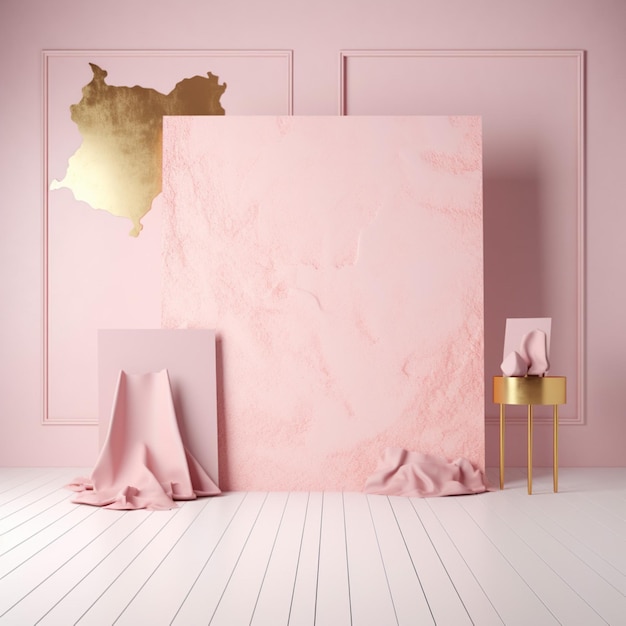 Een roze kamer met een gouden lijst en een roze muur met een bladgoud erop.