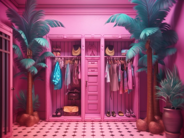 Een roze kamer met een palmboom en een roze deur met de tekst "palmbomen".