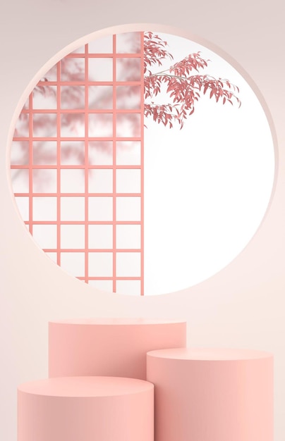 Een roze kamer met een rond raam en een rond raam met een roze kozijn