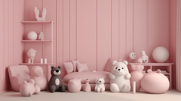 Een roze kamer met een roze bank en een witte beer op de vloer.