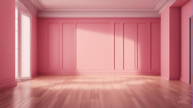 een roze kamer met een roze deur en een schaduw op de muur