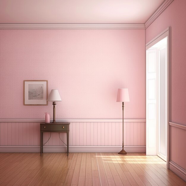 een roze kamer met een roze muur en een roze lamp
