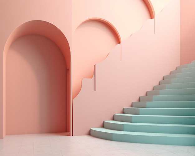 Een roze kamer met een roze muur en een trap met een blauw en roze design