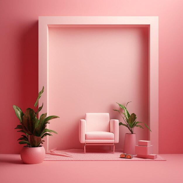 een roze kamer met een roze stoel en een plant op de vloer