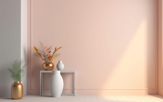 Een roze kamer met een vaas en een vaas op een tafel.