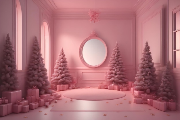 een roze kamer met kerstbomen en een spiegel