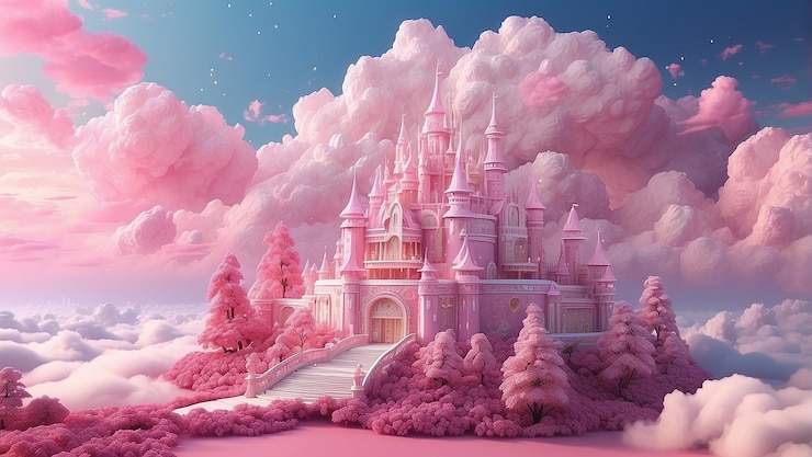 Foto een roze kasteel met roze wolken en bomen.