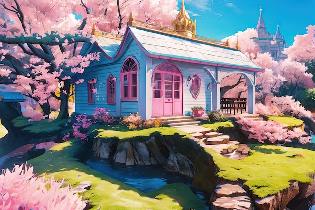 Een roze kasteel roze wereld anime bos zeewater illustratie generatieve ai