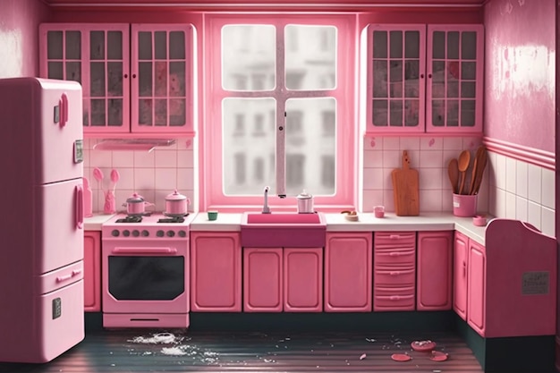 Een roze keuken met een gootsteen en een raam met de tekst "roze".