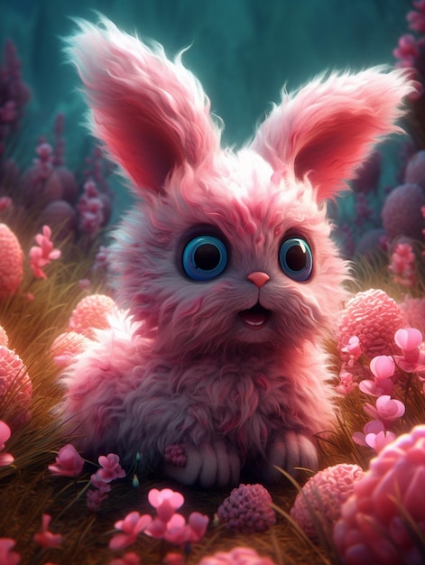 Een roze konijntje met blauwe ogen zit in een bloemenveld.