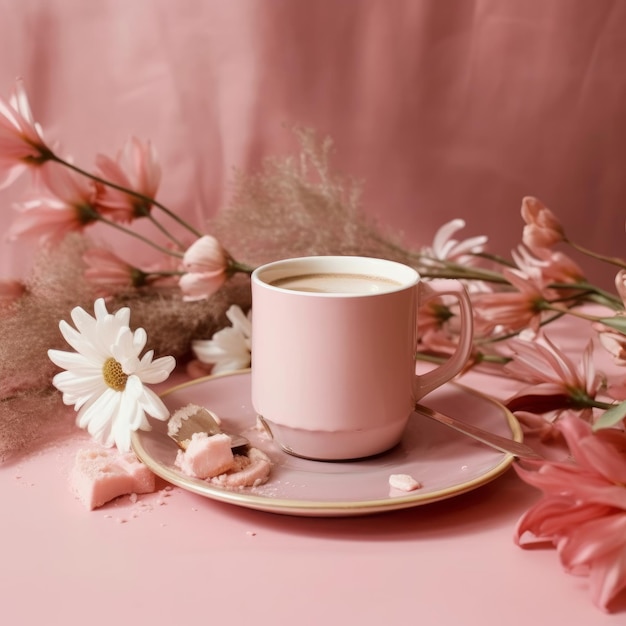 Een roze kopje koffie staat op een roze bord met bloemen en een roze achtergrond.