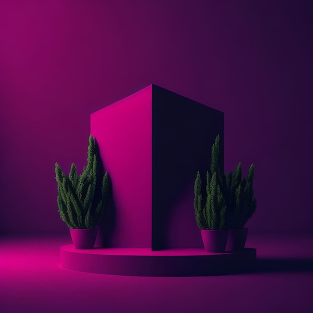Een roze kubus met een plant erin en een roze doos op de achtergrond.