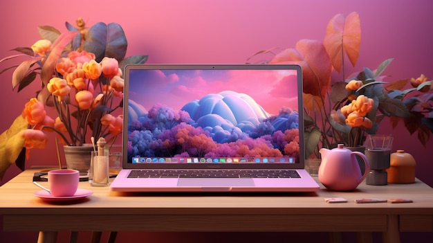 een roze laptop in de stijl van vray tracing uhd delicate rondingen suhd felgekleurd