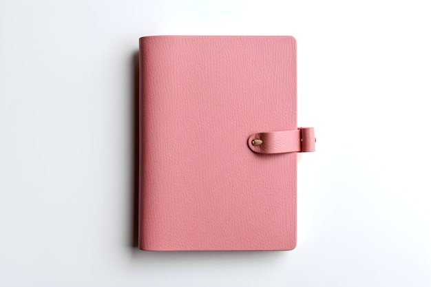 Een roze lederen notitieboek met een riem