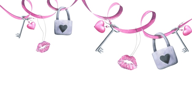 Een roze lint met een slot, een sleutel en kussen eraan Waterverfillustratie Horizontale banner uit de VALENTINE'S DAY-collectie Voor het ontwerpen en ontwerpen van uitnodigingscertificaten