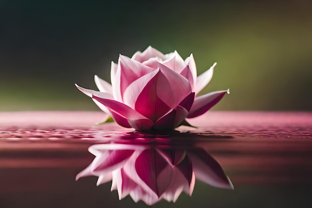 Een roze lotusbloem wordt weerspiegeld in een plas.