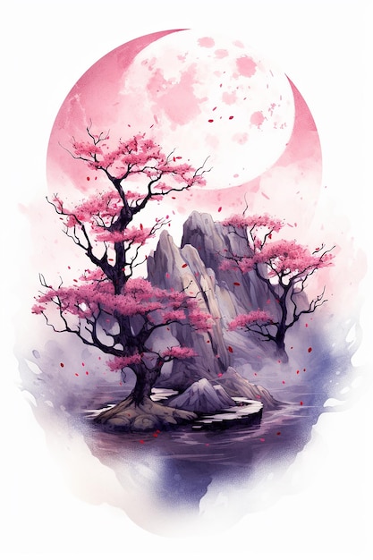 Een roze maan met roze bloemen erop en een roze maan op de achtergrond.