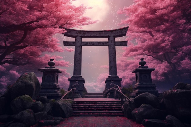 Een roze maan schijnt op een Japans landschap.