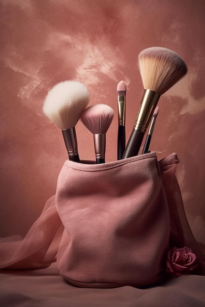 Een roze make-up kwastenhouder met make-up kwasten erop