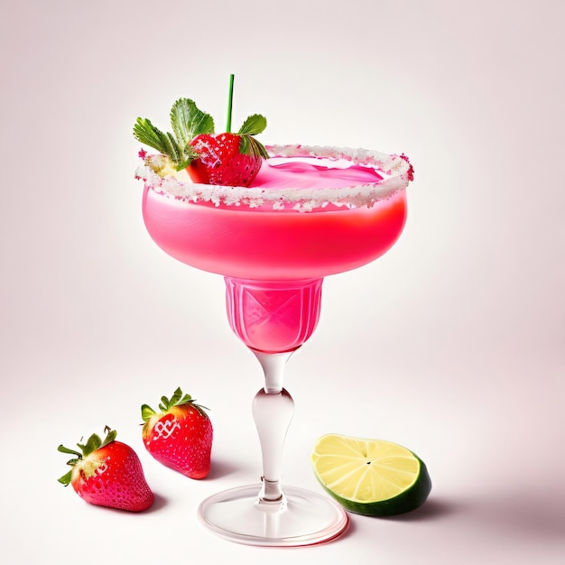Een roze margarita met een partje limoen en een roze drankje met het woord margarita erop.