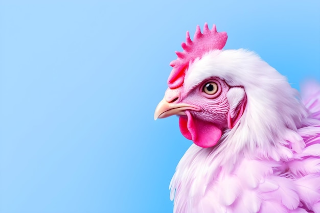 Een roze met witte kip met een felroze kop en een felgeel oog.