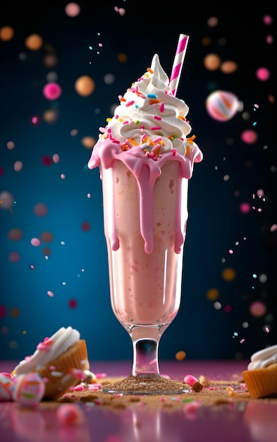 Een roze met witte milkshake met hagelslag en een strooi hagelslag er bovenop.