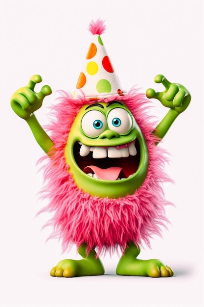 Een roze monster met een feestmuts viert een verjaardag