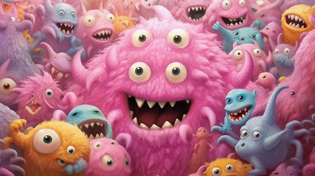 Een roze monster met veel andere monsters op de achtergrond