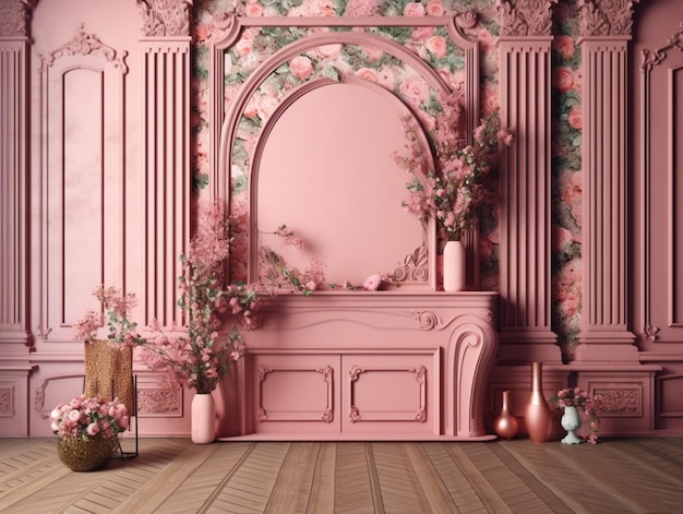 Een roze muur met bloemen erop en een open haard met een plank in het midden.