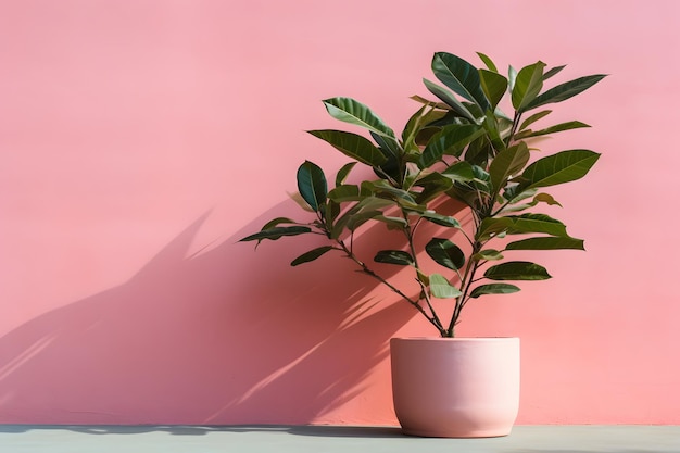 Een roze muur met een plant in een pot en een groen blad in de