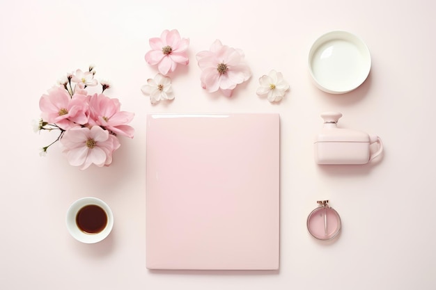 een roze notitieboekje met bloemen en koffie op een roze achtergrond.