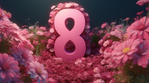 Een roze nummer 8 omgeven door bloemen
