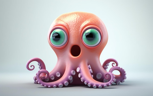 Een roze octopus met grote groene ogen en een groot groen oog